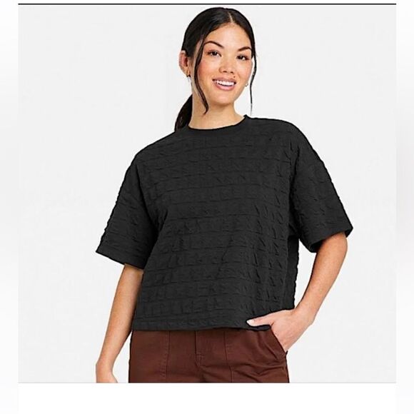 A New Day Black Relaxed Fit Quilted Boxy Short Sleeve Top (Size: XS) - Picture 5 of 11